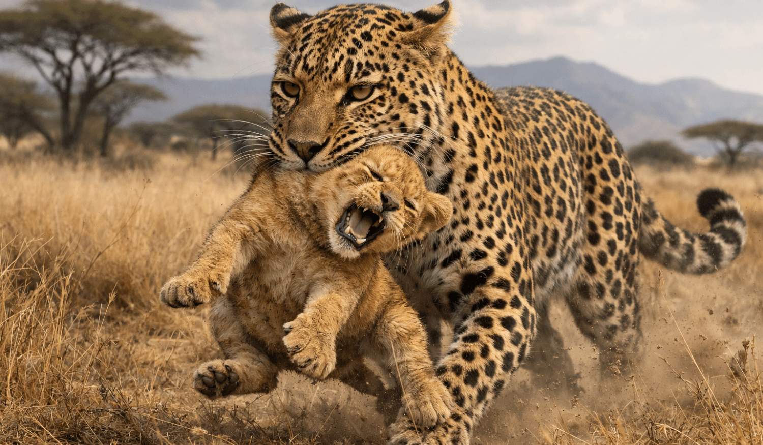 Leopard and a lion cub