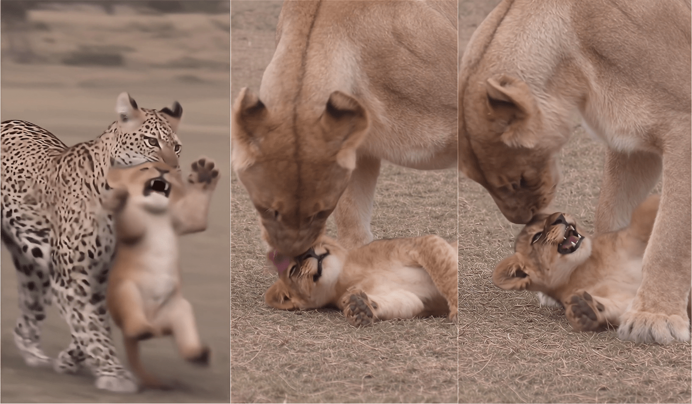 Leopard attacks lion cub