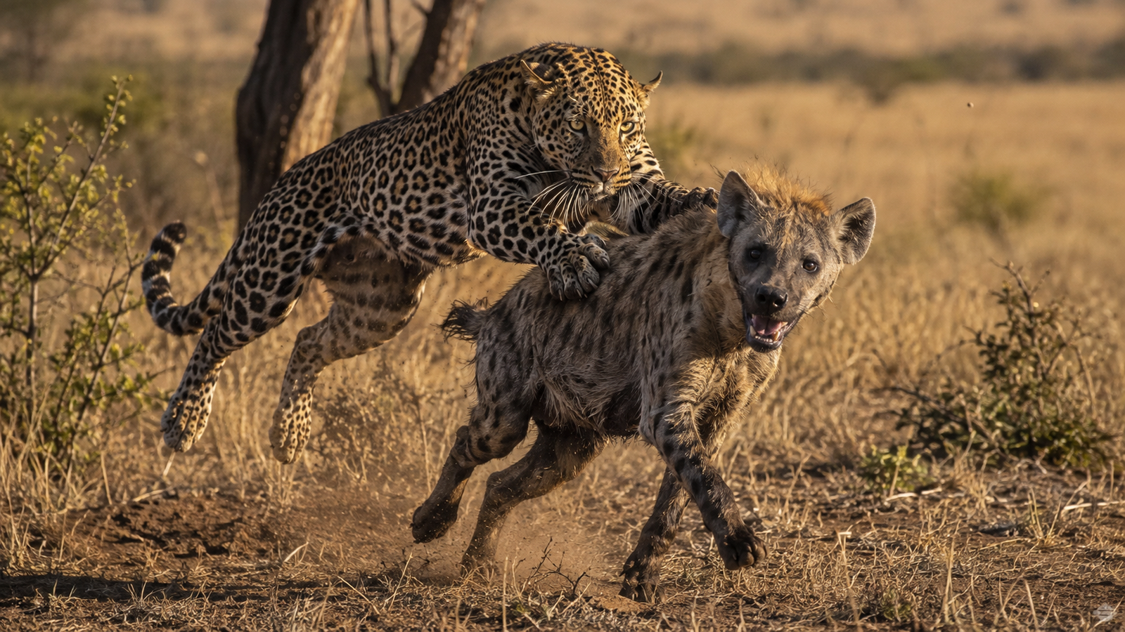 Leopard ambushes hyena